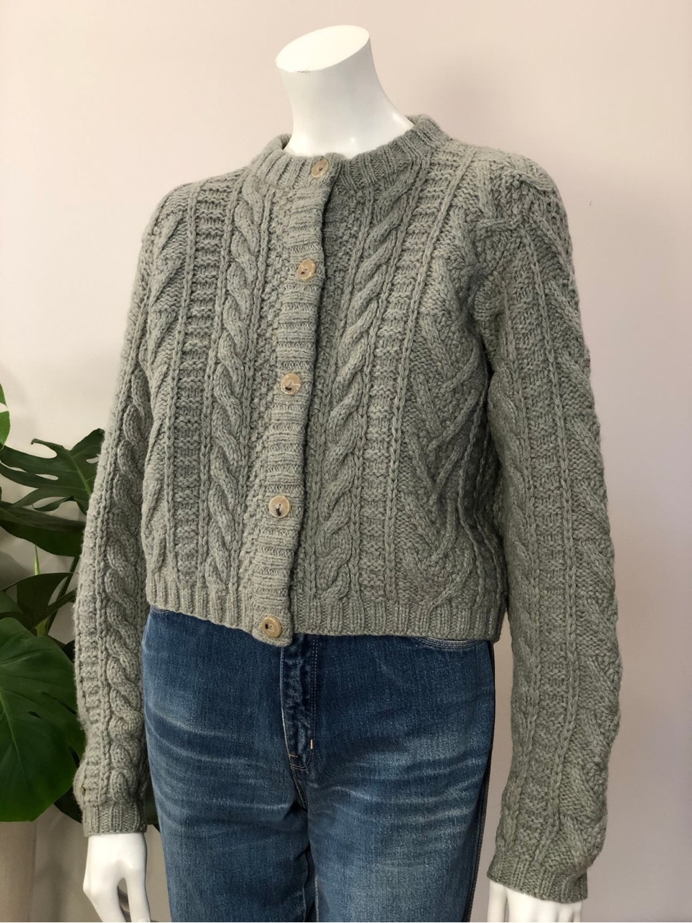 J.Crew 80s 90s Boxy Chunky Cable Knit Sage Green Cardigan Sweater - M - Picture 2 of 6
